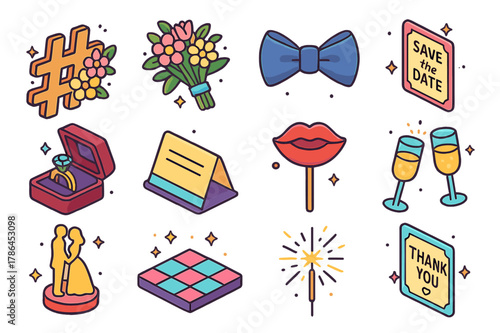 Wedding Hashtag Icons. Wedding hashtags. Colorful isometric vector icons set of Wedding hashtags: floral hashtag sign, bride bouquet, groom bow tie, save the