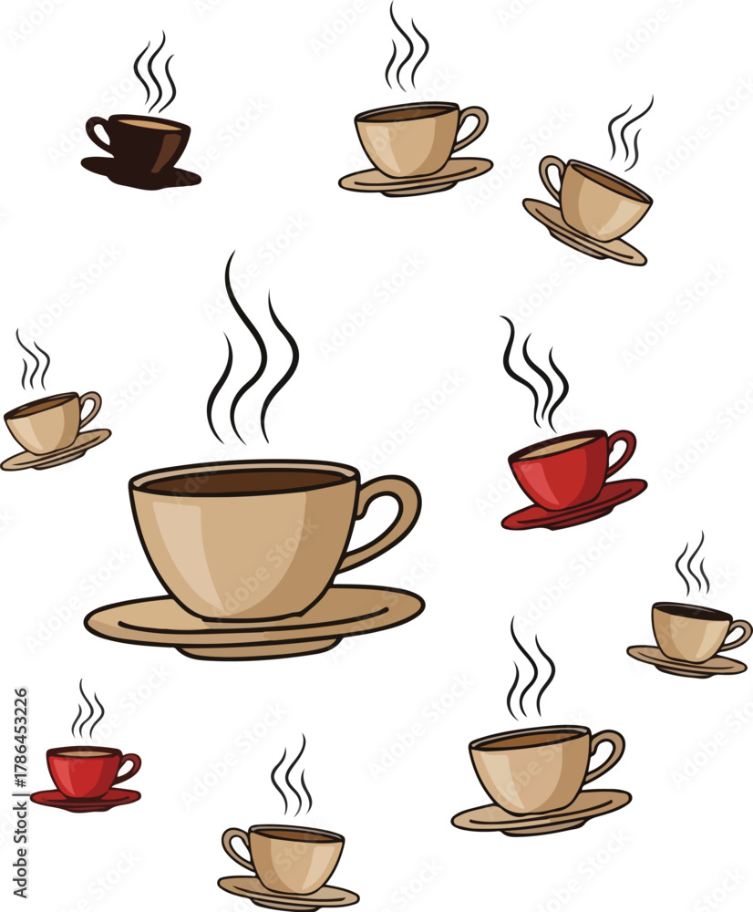Obraz premium Assortment of Steaming Coffee Cups and Mugs Vector Illustration for Cafe Menu Design