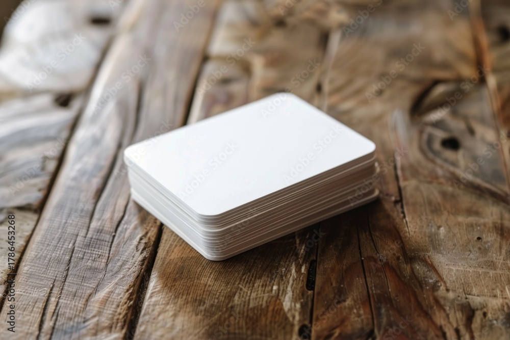 Fototapeta premium Stack of blank cards on wooden table