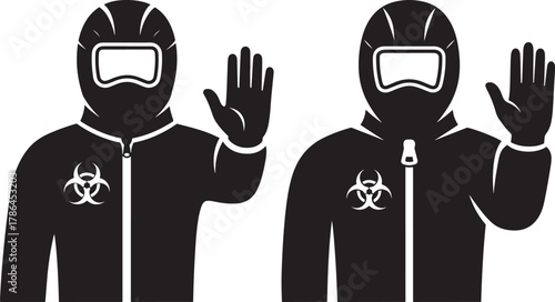 Two figures in hazmat suits with biohazard symbols and raised hands silhouette