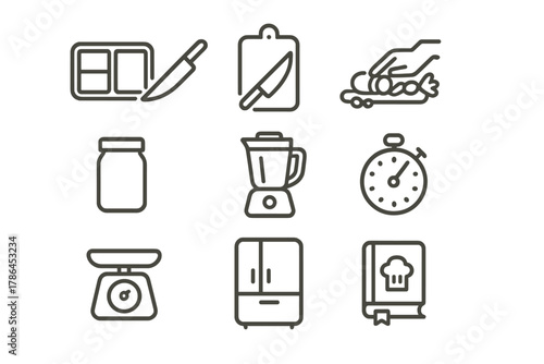 Meal Prep Icons. Meal prep. Line outline icon set of cooking and storage tools: meal container, chopping board