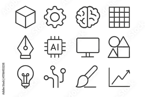 Generative Design Icons. Generative design. Line outline icon set of generative design: 3D cube, gear, brain,