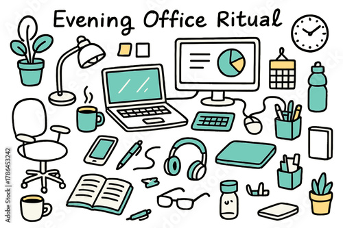 Evening Office Essentials. Evening office ritual. Hand-drawn doodle illustration laptop (colored), computer screen (colored), smartphone (colored), coffee cup