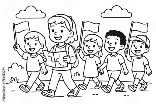 Traveling Community Coloring Page. Community procession children?s coloring book illustration, outlined drawing, a group of smiling travelers walking together