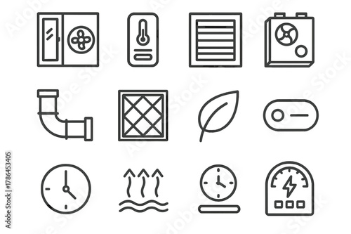 HVAC Icon Grid. HVAC and Natural Vent Mix. Line icon set of HVAC and Natural Vent Mix: window plus fan, thermostat, vent grille, heat recovery ventilator,
