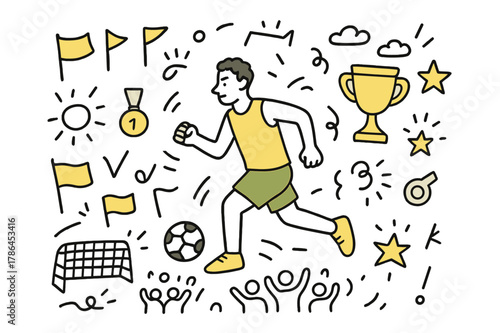 Athlete's Triumph. Sports event. An athlete competing in a sports event. Hand-drawn doodle illustration An athlete competing in a sports event, colored jersey,