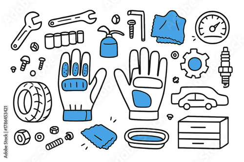 Mechanic Toolbox Doodle. // Mechanic gloves. Hand-drawn doodle illustration mechanic gloves [glove pair with grip pads (accented), ratchet wrench (accented),
