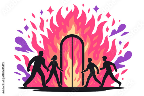Silhouettes at Fiery Gates. Figures Walking Towards Fiery Gates. Figures silhouetted against a massive gate of fire with floating abstract geometric flames and