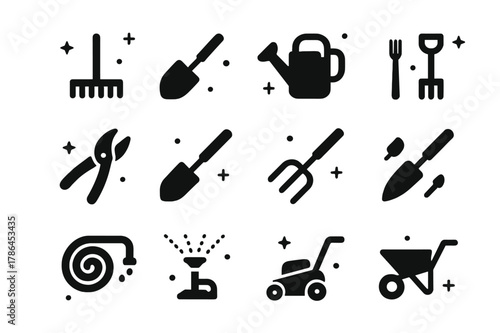 Gardening Tools Icons. Gardening tools. Solid icons set of Gardening tools: rake, shovel, watering can, garden fork, pruning shears, hoe, cultivator, trowel,