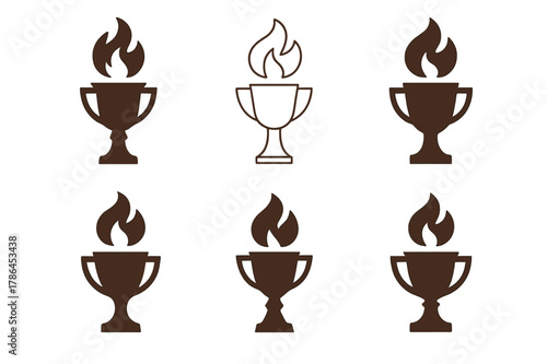 Torch Trophy Logos. Championship trophy. Set Logo of Championship trophy: Flaming torch trophy. Icon set. harmonious logo variations of the same emblematic