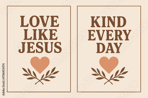 Love and Kindness Banners. Love in Action. Two vertical A6 banners with safe margins, centered composition, no elements touching edges, retro, cocoa and blush,