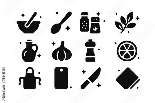 Culinary Craft Icons. Culinary Crafting. Solid icons set of Culinary Crafting: mixing bowl, spoon stirring, spices, herbs, olive oil bottle, garlic clove,