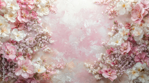 Soft pastel pink maternity backdrop delicate watercolor flowers blush cream lavender serene elegant atmosphere photoshoot clear center