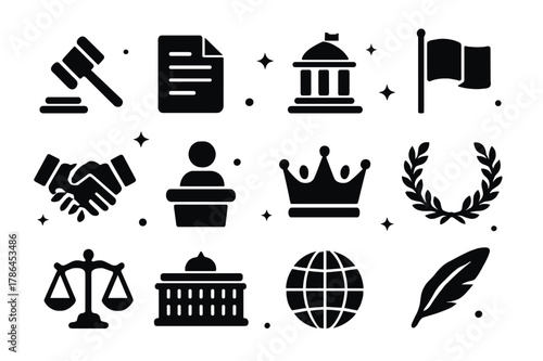 Legislation Icon Set. Legislation. Solid icons set of Legislation: gavel, document, government building, flag, handshake, podium, crown, laurel wreath, scales