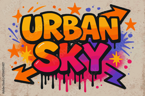Vibrant Graffiti Vibes. Urban Sky ? Graffiti Simplified: thick tilted bubble letters with dripping edges;