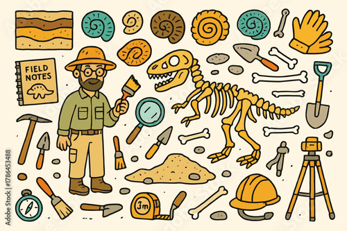 Archaeological Doodle Extravaganza. Planet protection. Hand-drawn doodle illustration Earth globe (colored), trees (colored), recycling symbols (colored),