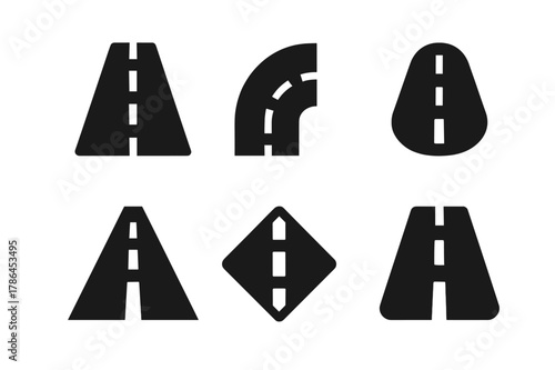 Road Marking Logos. Traffic Rule Infographic. Set Logo of Road Markings: Filled silhouette, Abstract geometric, Negative space, Flat solid, Symmetrical form,