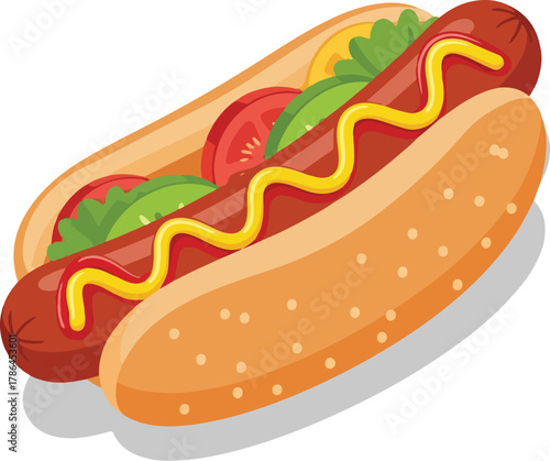 Classic Grilled Hot Dog with Mustard Ketchup Lettuce and Tomato on a Bun Isolated Vector Illustration
