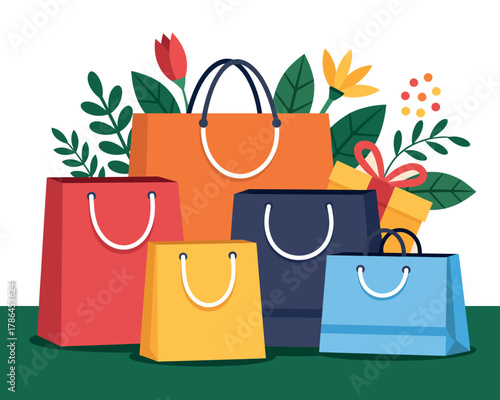 Various shopping bags and gift boxes are arranged in a visually appealing composition with foliage.
