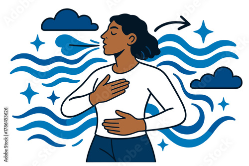 Tranquil Breathing Artistry. Navigating stress. Person practicing deep breathing exercises with abstract floating clouds, waves, and sparkles; conveys calm,