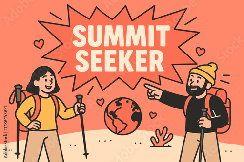 Summit Seeker Explosion. Summit seeker banner, flat vector illustration, bold oversized text inside splash explosion, cartoon characters standing and pointing,