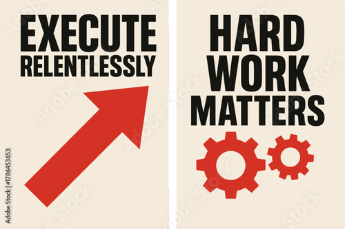 Bold Banner Designs. Execute relentlessly. Two vertical A6 banners with safe margins, centered composition, no elements touching edges, brutalist, black and