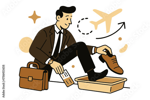 Business Travel Essentials. Business traveler scene. Professional calmly removing shoes and placing them in