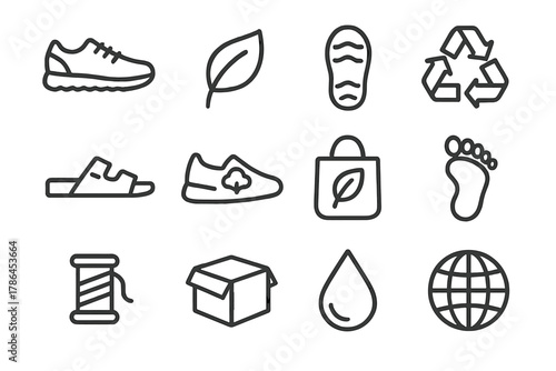 Eco Footwear Icons. Eco-friendly footwear. Line outline icon set of eco-friendly footwear: sneakers, leaf,