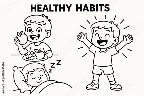Healthy Habits Coloring. Healthy habits children?s coloring book illustration, outlined drawing, cheerful