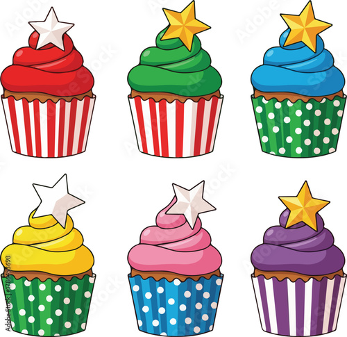 Six Colorful Christmas Cupcakes with Star Toppers Illustration for Holiday Bakery Design