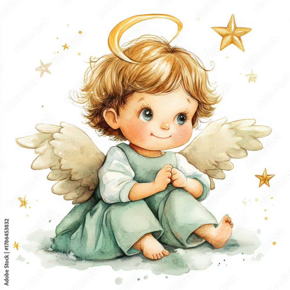 Fototapeta premium Cute little angel with wings and halos in watercolor png style. Children in the form of an angel on a white background. An idea of Christmas and other Christian holidays.