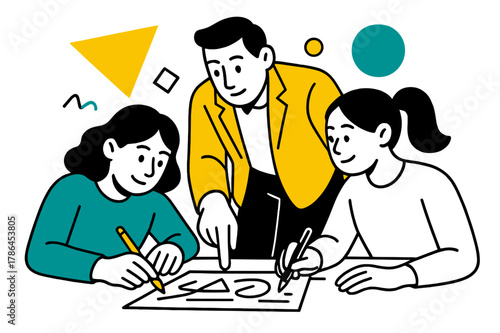 Creative Leadership Collaboration. Team Leaders Guiding Teams in Creative Projects. Close-up of hands sketching ideas with leader pointing and floating