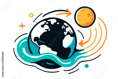 Earth-Moon Tidal Dynamics. Tidal forces. A stylized Earth and Moon with glowing water waves and stretching