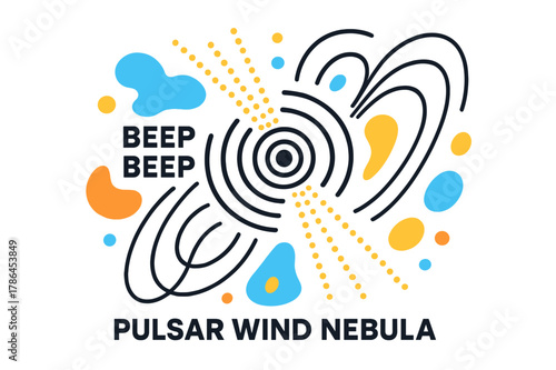 Pulsar Wind Nebula. Pulsar Wind Nebula. A central pulse ring ripples outward; ?Beep ? Beep? ticks like a heartbeat beside magnetic field lines. Charged