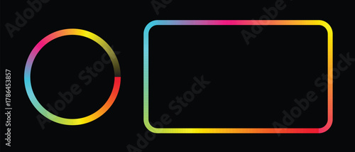 Modern neon gradient circle and rectangle frame on black background vibrant multicolor glowing border design for digital graphics, posters, interfaces, and futuristic layouts