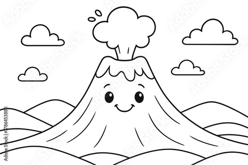 Friendly Volcano Illustration. Volcano children?s coloring book illustration, outlined drawing, a friendly volcano with a smiling face and a gentle puff of ash