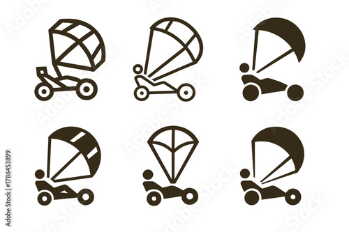 Kite Buggy Logos. Kite buggy. Set Logo of Kite buggy: traction kite towing sand buggy. harmonious logo variations of the same emblematic concept, each with