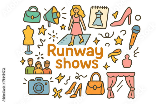 Runway Show Doodle. Runway shows. Hand-drawn doodle illustration of runway shows. Catwalk, model, spotlight,