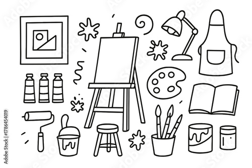 Modern Art Studio Doodles. Modern art studio. Hand-drawn doodle illustration modern art studio easel, paint tubes, palette, brushes, stool, apron, splatter,