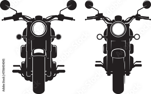 Two vintage motorcycle front views in a distinctive silhouette style