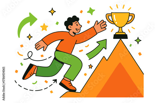 Reaching Success Victory. Achieving success. Character reaching toward a glowing trophy or peak; motion lines,