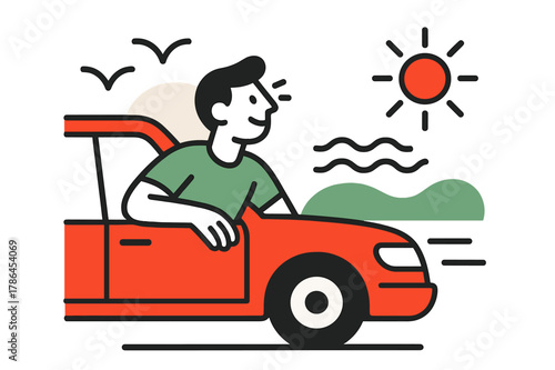 Seaside Adventure Drive. Seaside exploration. A driver leans slightly out of the car enjoying ocean breeze,