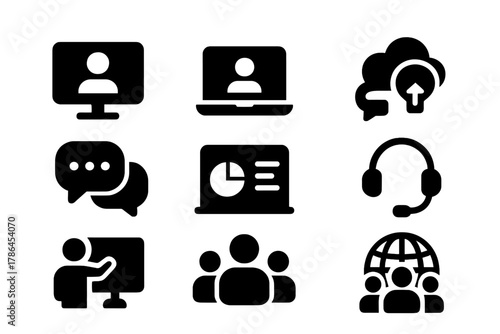 Remote Work Icons. Remote workforce learning. Filled icon set of remote workforce learning: video call, laptop