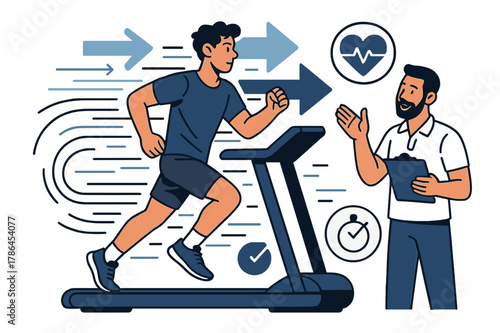 Dynamic Fitness Coaching. Fitness training and personal coaching. Trainer demonstrating proper form for running on treadmill with abstract floating arrows,