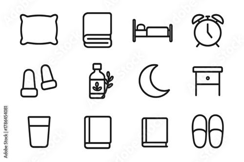 Sleep Essentials Icons. Sleep Essentials. Line icon set of Sleep Essentials: pillow, blanket, bed, sleep mask, earplugs, lavender bottle, moon, alarm clock,