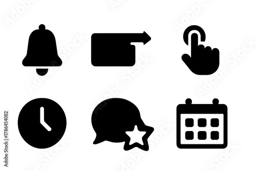 Notification Icons Grid. Notification actions. Filled icon set of notification actions: bell, mail, swipe icon