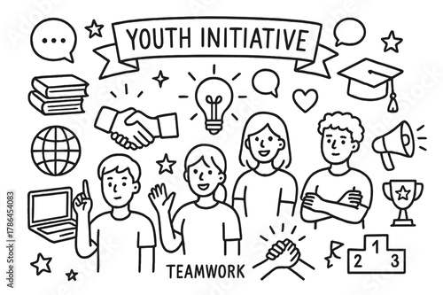 Youth Empowerment Icons. Youth Initiative. Hand-drawn doodle illustration Youth Initiative young people, lightbulb, books, laptop, banner, globe, stars, speech