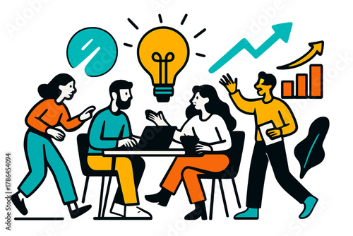 Collaborative Growth Dynamics. Innovation hubs. Startup teams collaborating in co-working spaces with floating