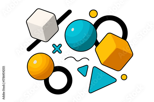 Floating Geometric Abstractions. 3D Design Elements. Floating abstract 3D cubes and spheres with geometric accents and soft shadows, modern and dynamic