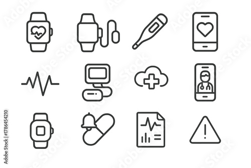 Remote Health Icons. Remote health monitoring. Line outline icon set of Remote health monitoring: smartwatch